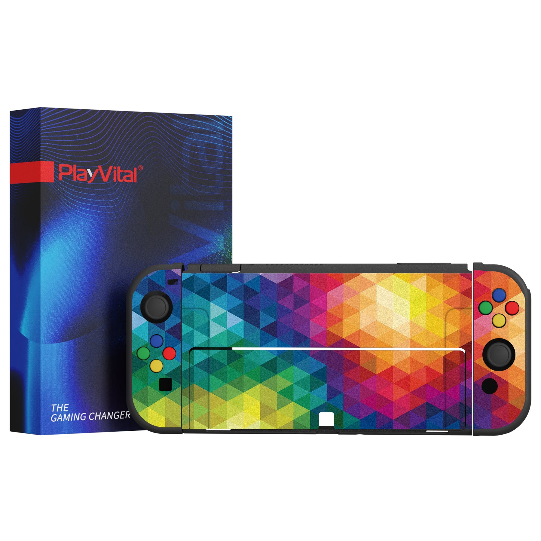 PlayVital ZealProtect Soft Protective Case for Switch OLED, Flexible Protector Joycon Grip Cover for Switch OLED with Thumb Grip Caps & ABXY Direction Button Caps - Colorful Triangle - XSOYV6005 playvital