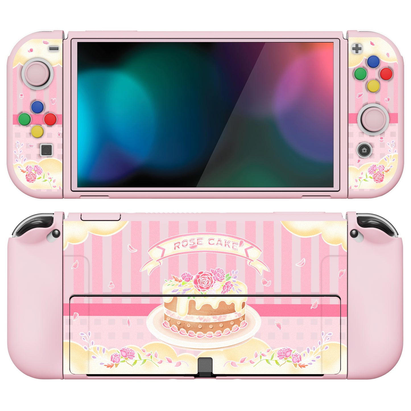 PlayVital ZealProtect Soft Protective Case for Switch OLED, Flexible Protector Joycon Grip Cover for Switch OLED with Thumb Grip Caps & ABXY Direction Button Caps - Rose Cake - XSOYV6006 playvital