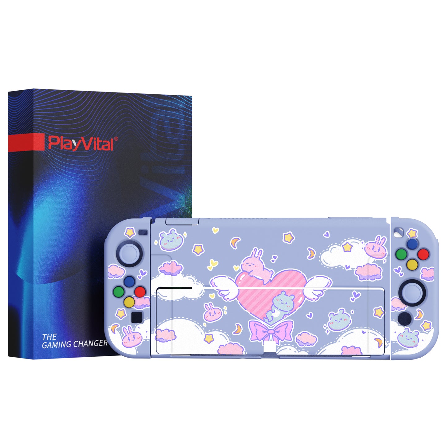 PlayVital ZealProtect Soft Protective Case for Switch OLED, Flexible Protector Joycon Grip Cover for Switch OLED with Thumb Grip Caps & ABXY Direction Button Caps - Fantasy Bunny & Bear - XSOYV6010 playvital