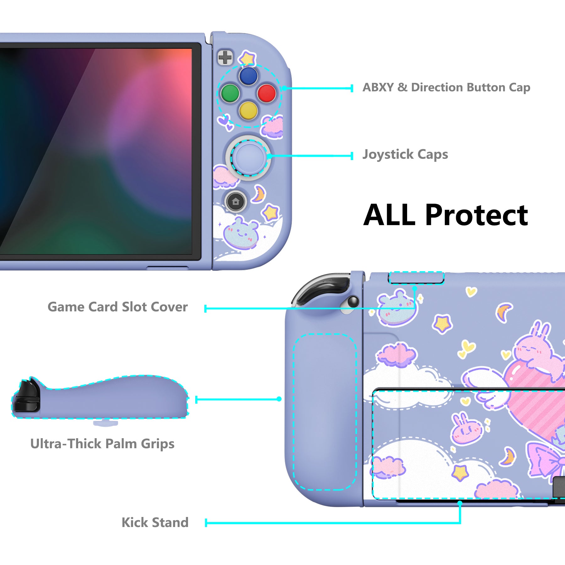 PlayVital ZealProtect Soft Protective Case for Switch OLED, Flexible Protector Joycon Grip Cover for Switch OLED with Thumb Grip Caps & ABXY Direction Button Caps - Fantasy Bunny & Bear - XSOYV6010 playvital