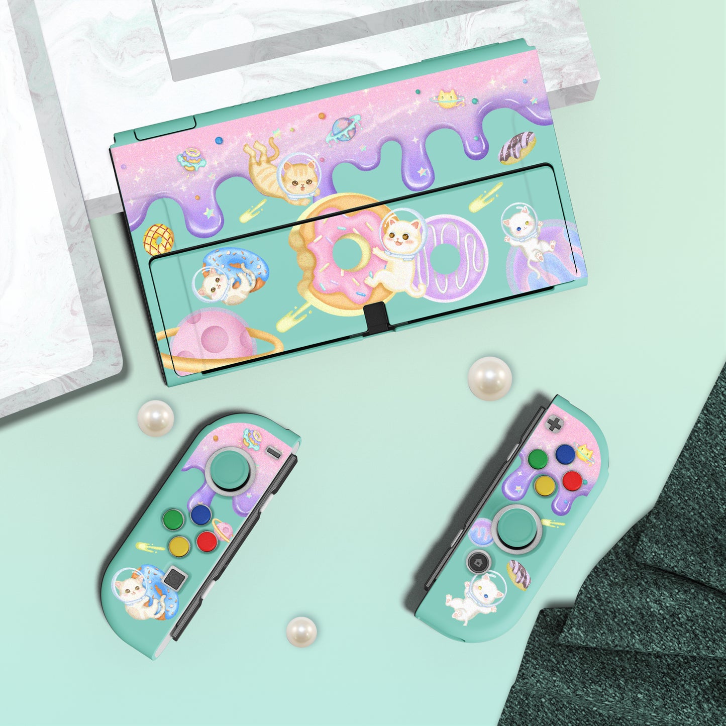 PlayVital ZealProtect Soft Protective Case for Switch OLED, Flexible Protector Joycon Grip Cover for Switch OLED with Thumb Grip Caps & ABXY Direction Button Caps - Donut Odyssey - XSOYV6013 playvital