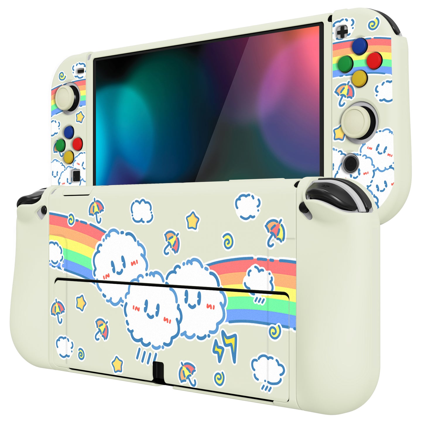 PlayVital ZealProtect Soft Protective Case for Switch OLED, Flexible Protector Joycon Grip Cover for Switch OLED with Thumb Grip Caps & ABXY Direction Button Caps - Rainbow on Cloud - XSOYV6016 playvital