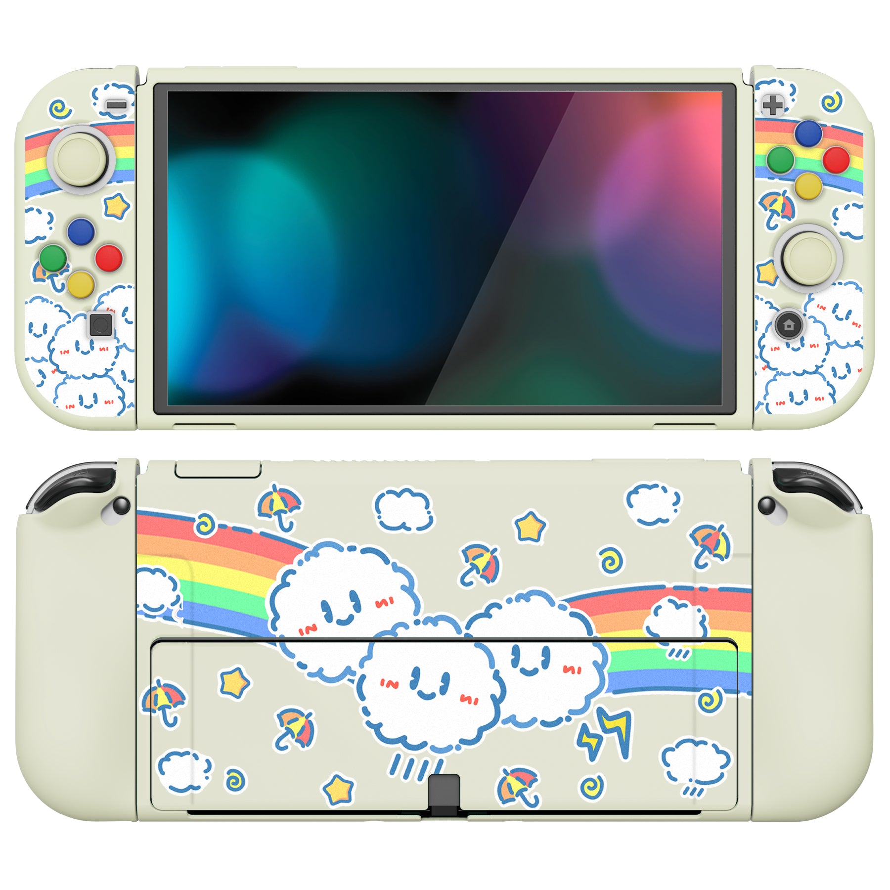 PlayVital ZealProtect Soft Protective Case for Switch OLED, Flexible Protector Joycon Grip Cover for Switch OLED with Thumb Grip Caps & ABXY Direction Button Caps - Rainbow on Cloud - XSOYV6016 playvital