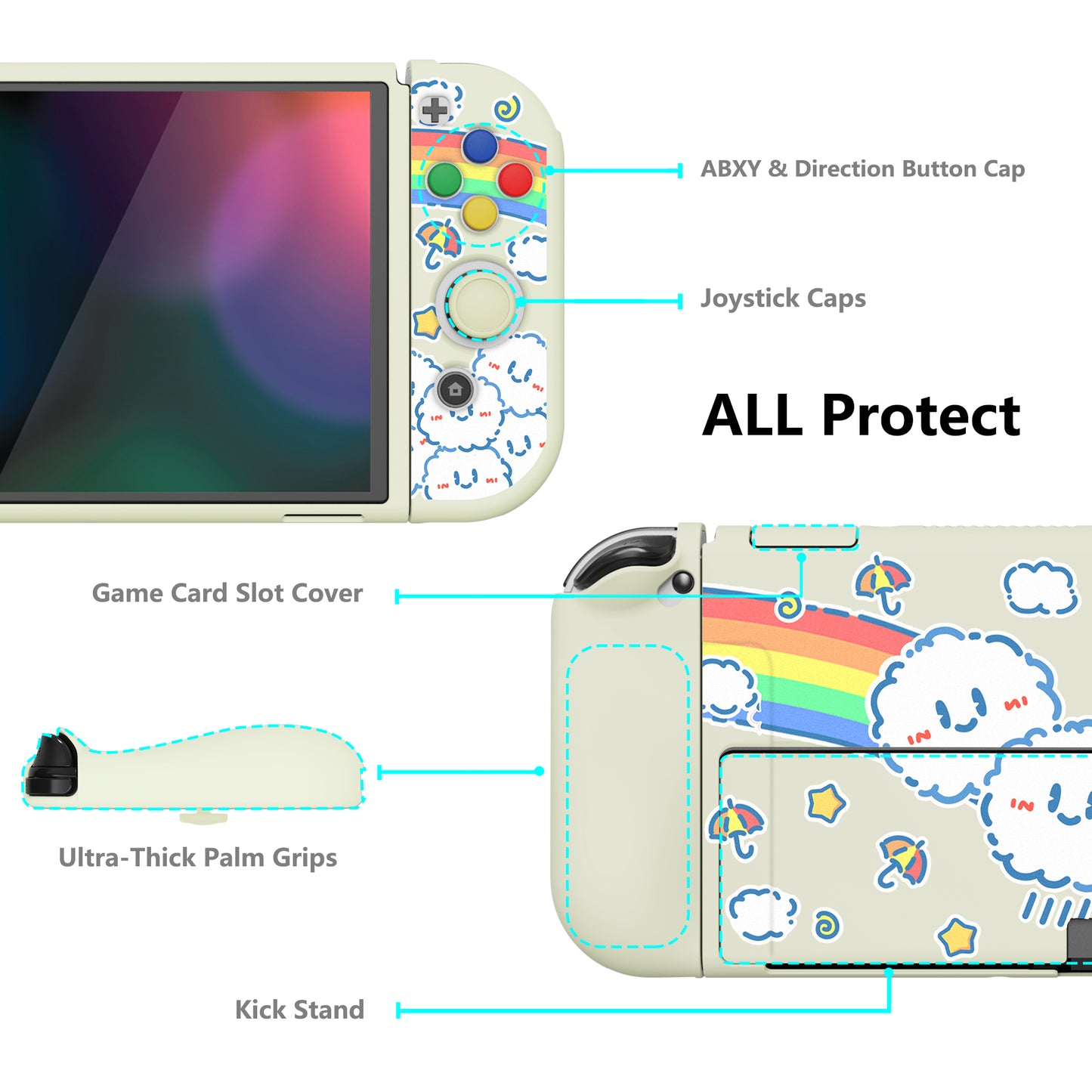 PlayVital ZealProtect Soft Protective Case for Switch OLED, Flexible Protector Joycon Grip Cover for Switch OLED with Thumb Grip Caps & ABXY Direction Button Caps - Rainbow on Cloud - XSOYV6016 playvital