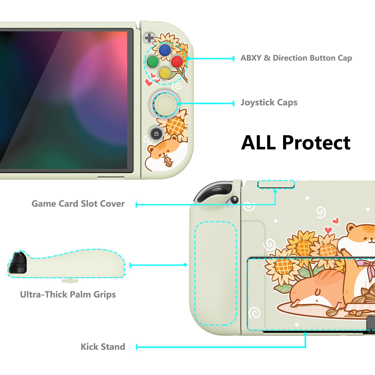 PlayVital ZealProtect Soft Protective Case for Switch OLED, Flexible Protector Joycon Grip Cover for Switch OLED with Thumb Grip Caps & ABXY Direction Button Caps - Hamster & Sunflower - XSOYV6018 playvital