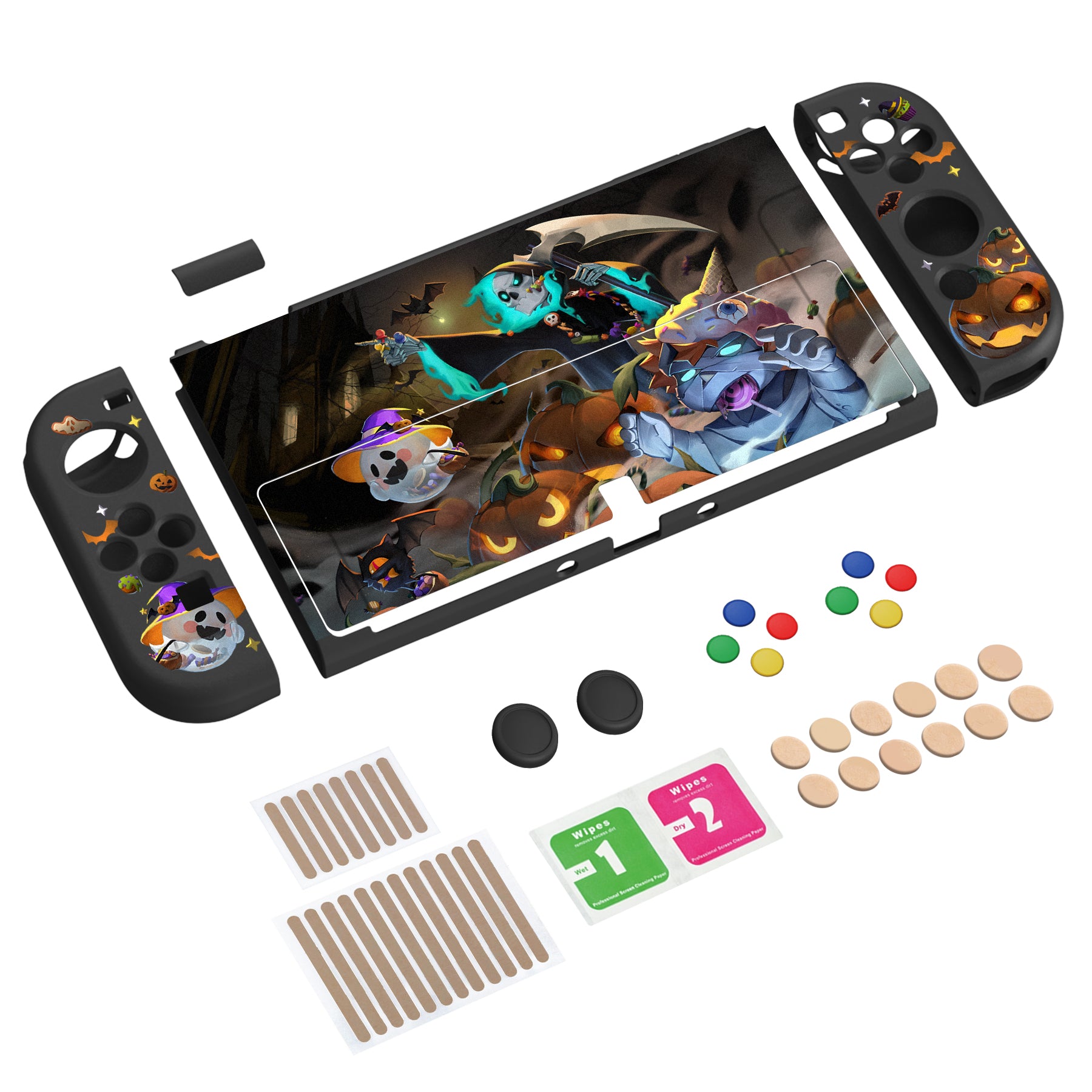 PlayVital ZealProtect Soft Protective Case for Switch OLED, Flexible Protector Joycon Grip Cover for Switch OLED with Thumb Grip Caps & ABXY Direction Button Caps - Halloween Candy Night - XSOYV6020 playvital
