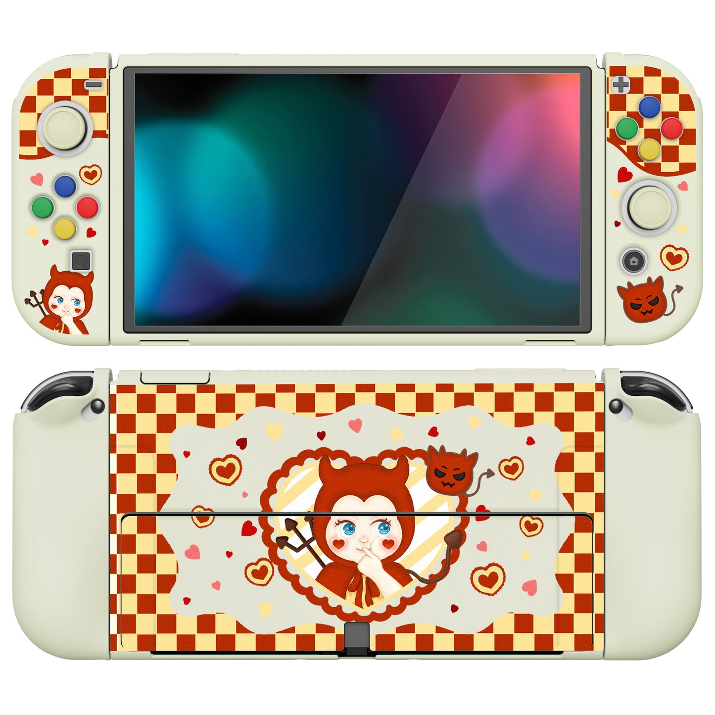 PlayVital ZealProtect Soft Protective Case for Switch OLED, Flexible Protector Joycon Grip Cover for Switch OLED with Thumb Grip Caps & ABXY Direction Button Caps - Little Devils - XSOYV6021 playvital