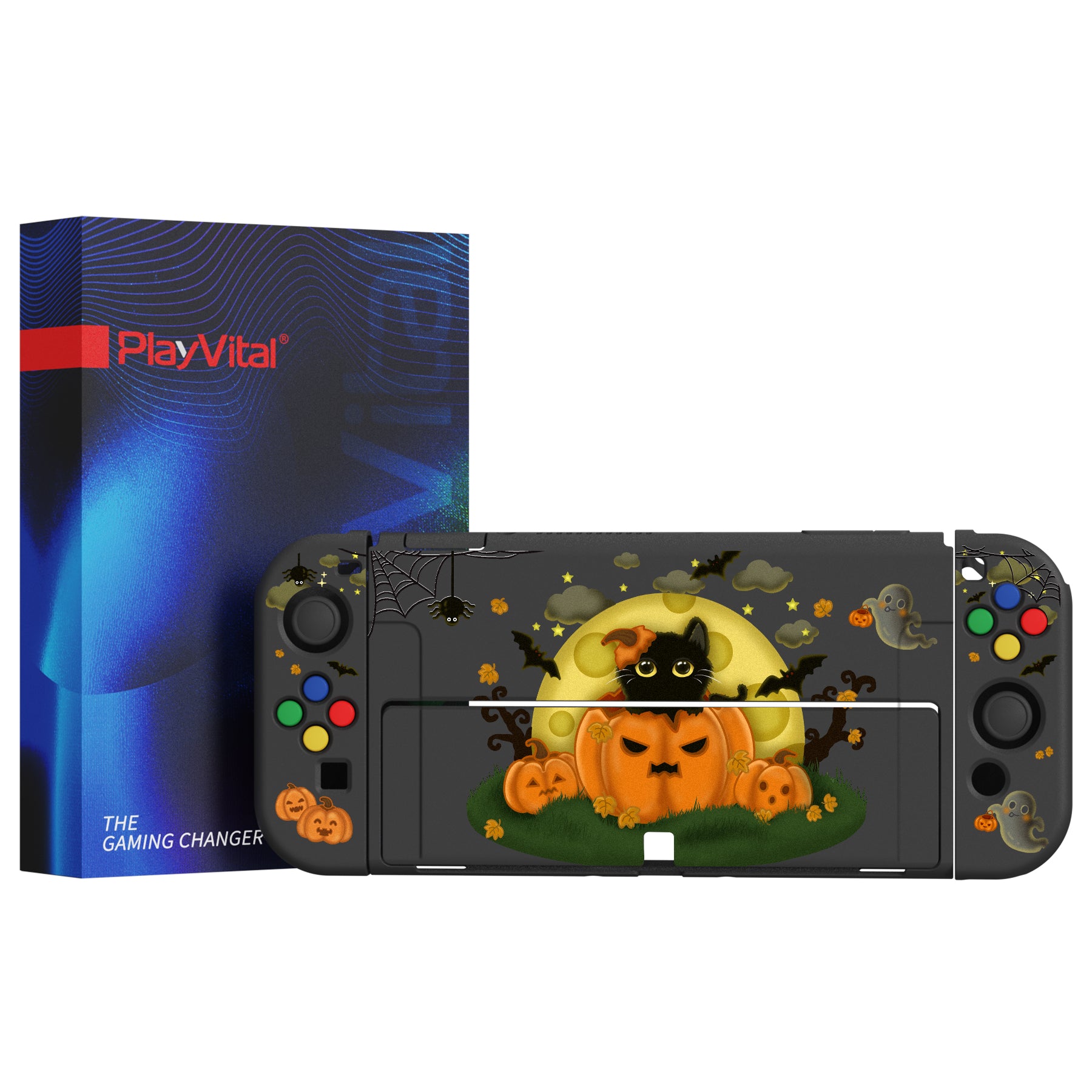 PlayVital ZealProtect Soft Protective Case for Switch OLED, Flexible Protector Joycon Grip Cover for Switch OLED with Thumb Grip Caps & ABXY Direction Button Caps - Moon Night Halloween - XSOYV6022 playvital