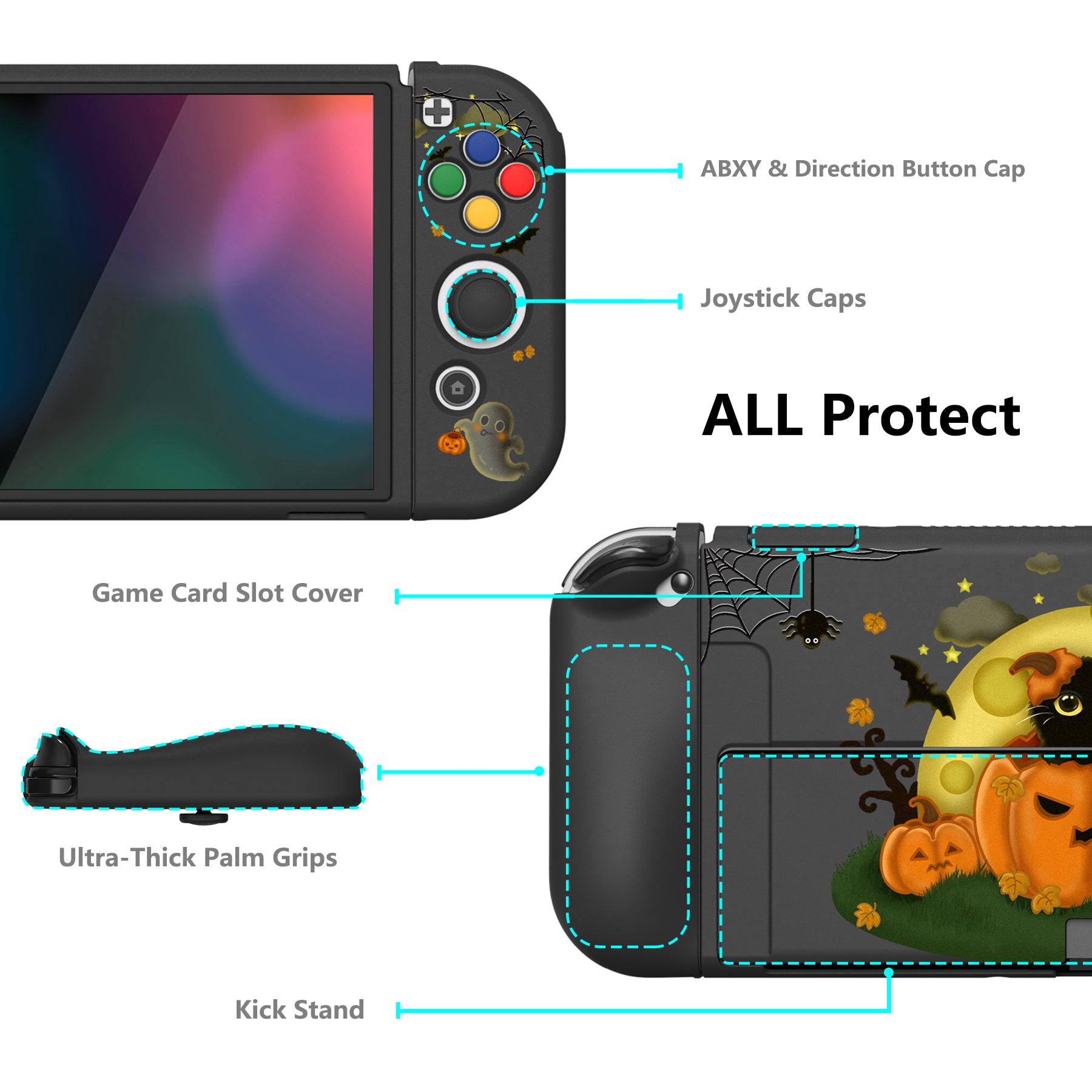 PlayVital ZealProtect Soft Protective Case for Switch OLED, Flexible Protector Joycon Grip Cover for Switch OLED with Thumb Grip Caps & ABXY Direction Button Caps - Moon Night Halloween - XSOYV6022 playvital