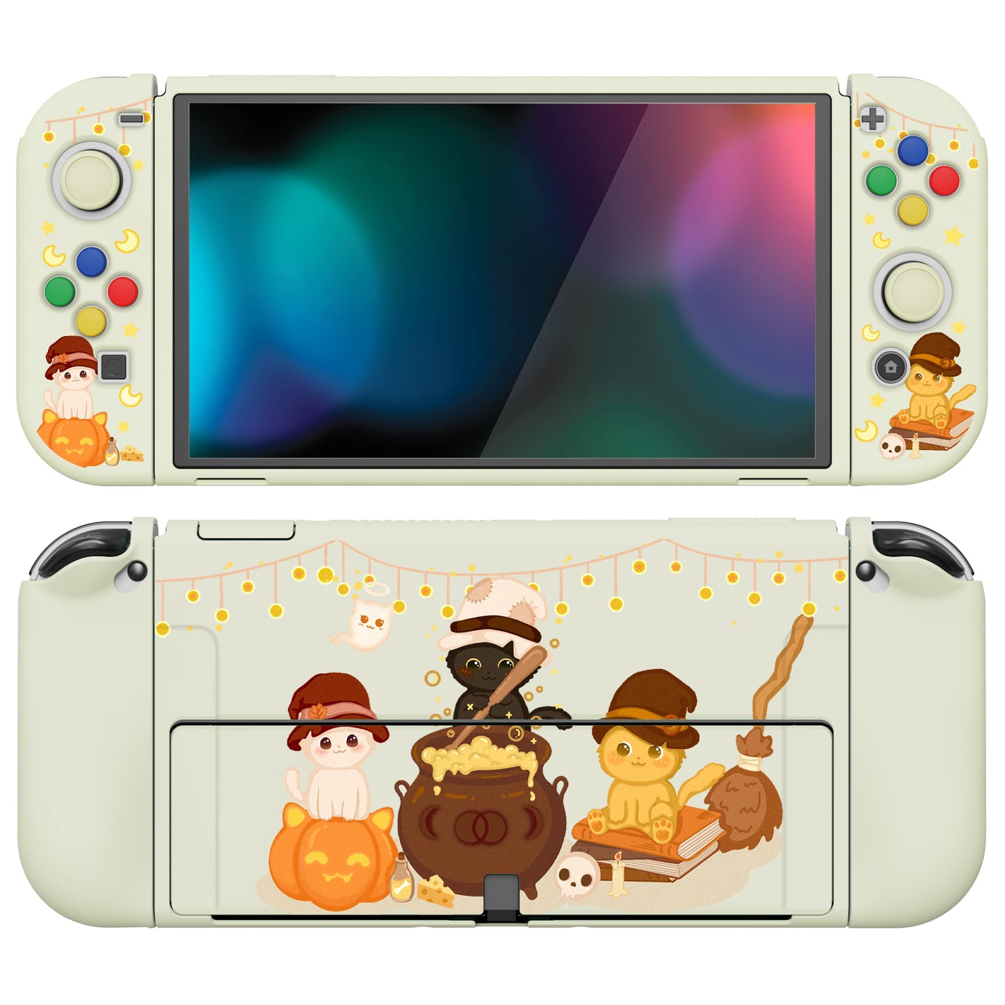 PlayVital ZealProtect Soft Protective Case for Switch OLED, Flexible Protector Joycon Grip Cover for Switch OLED with Thumb Grip Caps & ABXY Direction Button Caps - Triplets Pumpkin Cats - XSOYV6023 playvital