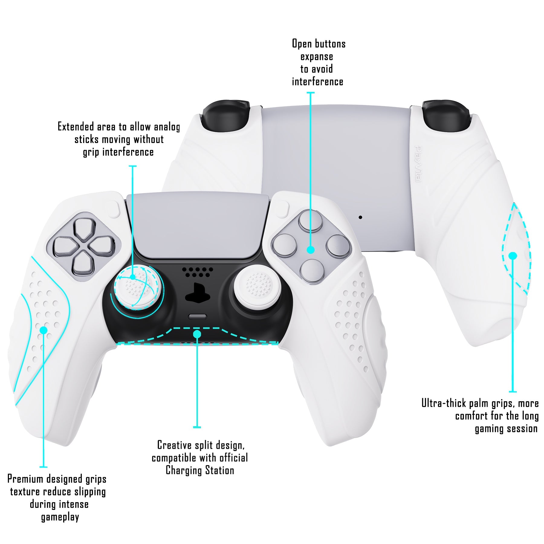 PlayVital Guardian Edition White Ergonomic Soft Controller Silicone Case Grips for PS5, Rubber Protector Skins with Thumbstick Caps for PS5 Controller Compatible with Charging Station - YHPF015 PlayVital