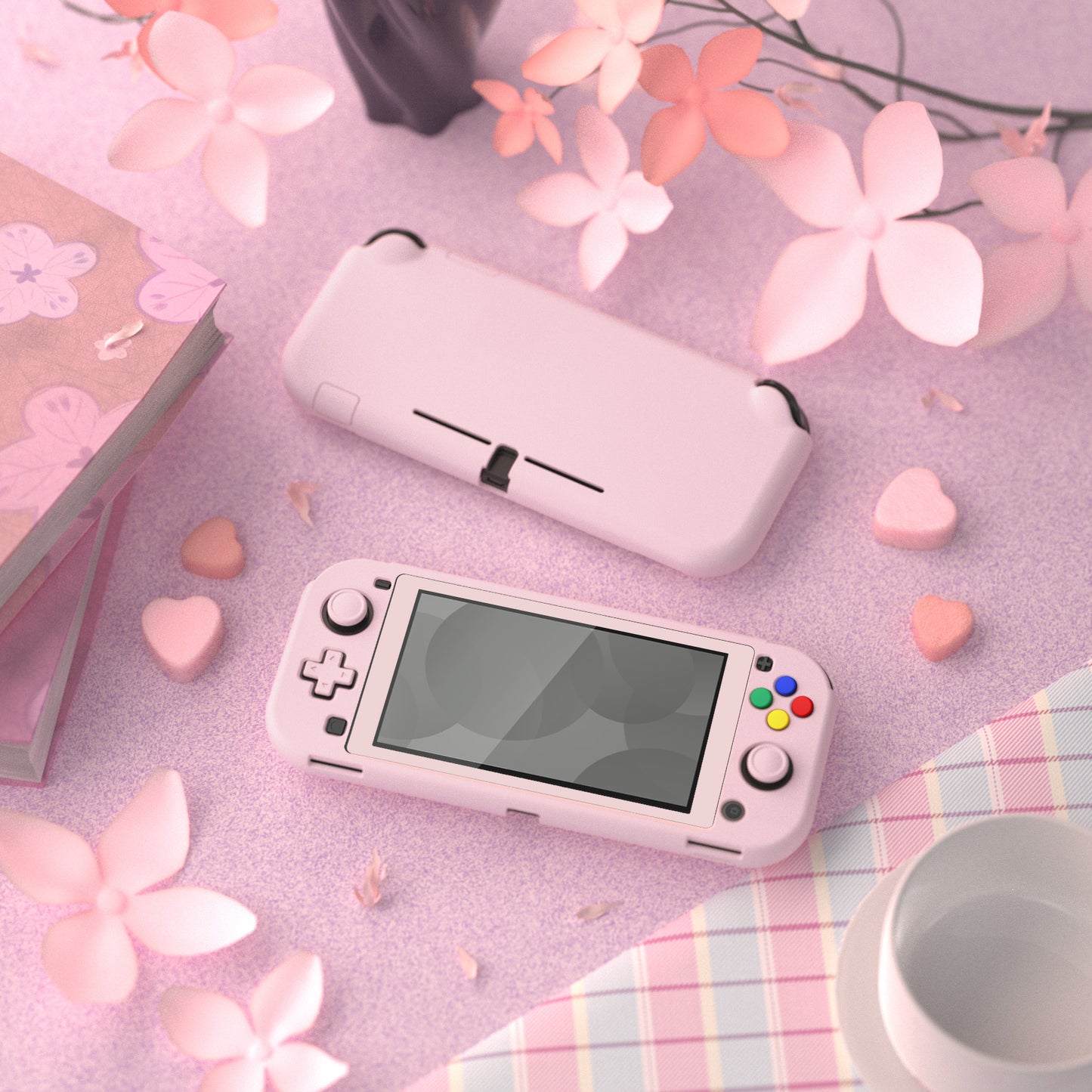 PlayVital Soft Touch Cherry Blossoms Pink Customized Protective Grip Case for Nintendo Switch Lite, Hard Cover Protector for Nintendo Switch Lite - 1 x White Border Tempered Glass Screen Protector Included - YYNLP005 PlayVital